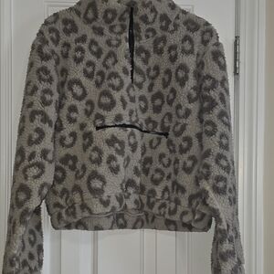 Aqua Gray Leopard Print Fleece Jacket